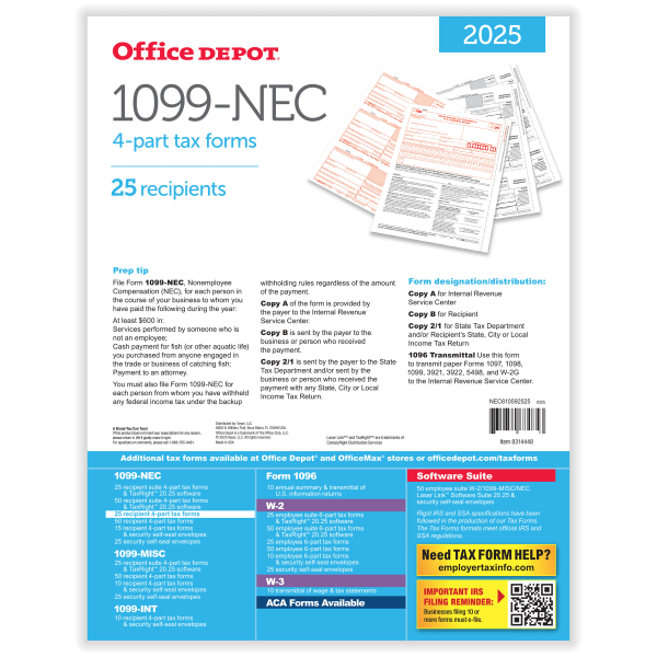slide 3 of 3, Office Depot® 1099-NEC Laser Tax Forms, 4-Part, 3-Up, 8-1/2"" x 11"", Pack Of 25 Form Sets, NEC610592525, 1 ct