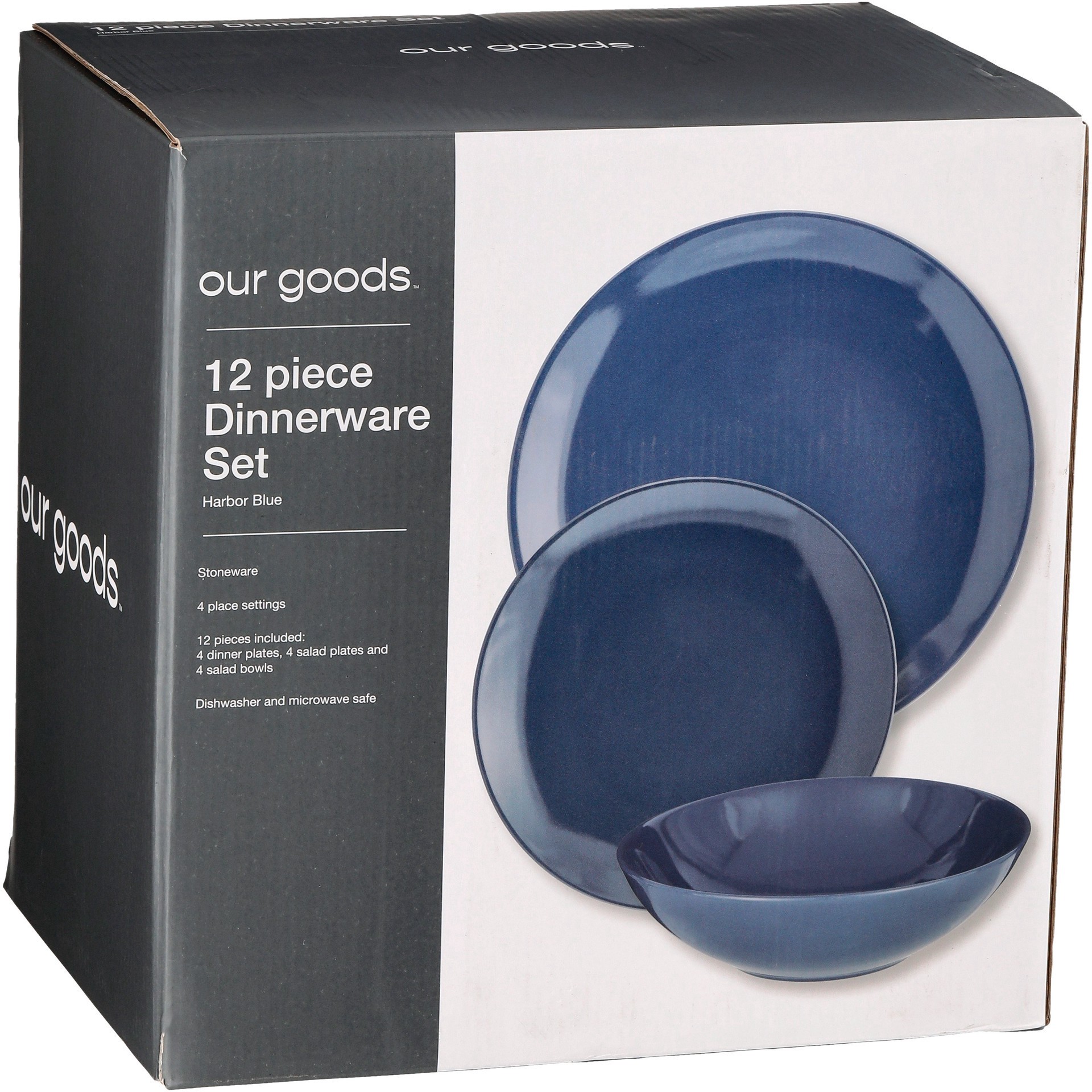 slide 1 of 1, our goods Round Stoneware Dinnerware Set - Harbor Blue, 12 ct