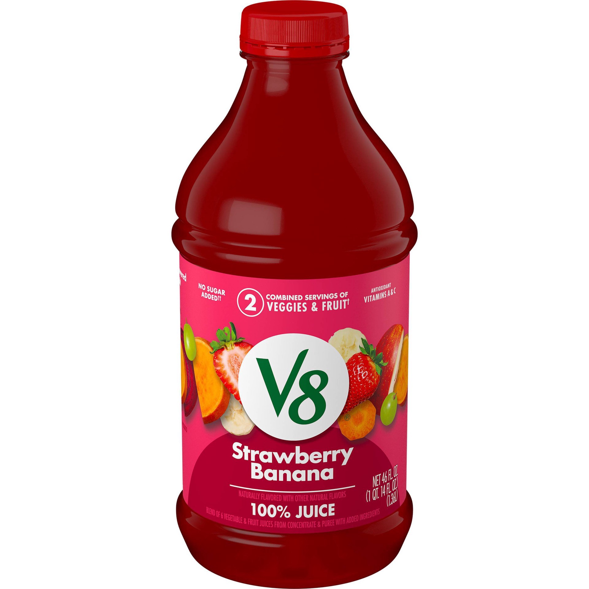 slide 1 of 5, V8 Blends 100% Juice Strawberry Banana Juice, 46 fl oz Bottle, 46 oz