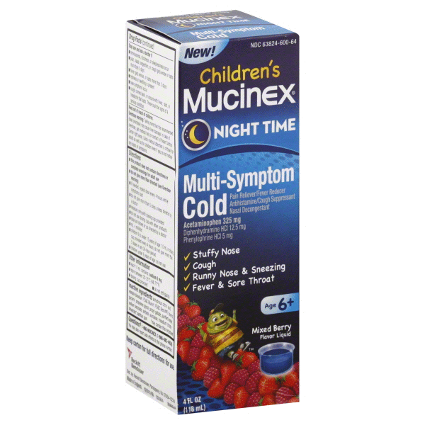 slide 1 of 1, Mucinex Children's Night Time Multi-Symptom Cold Syrup, 4 fl oz