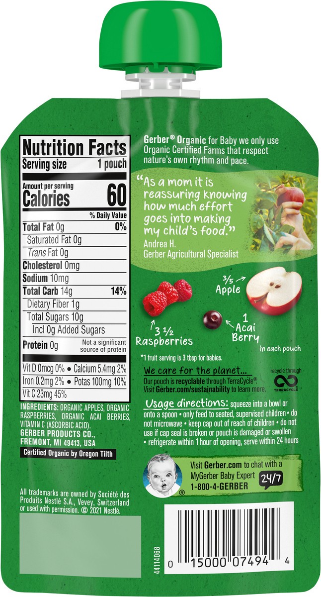 slide 4 of 14, Gerber 2nd Foods Organic Apple Raspberry Acai Berry Baby Food, 3.5 oz Pouch, 3.5 oz