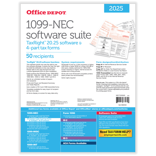 slide 4 of 4, Office Depot® 1099-NEC Laser Tax Forms With Software, 4-Part, 3-Up, 8-1/2"" x 11"", Pack Of 50 Form Sets, NEC7205925, 1 ct