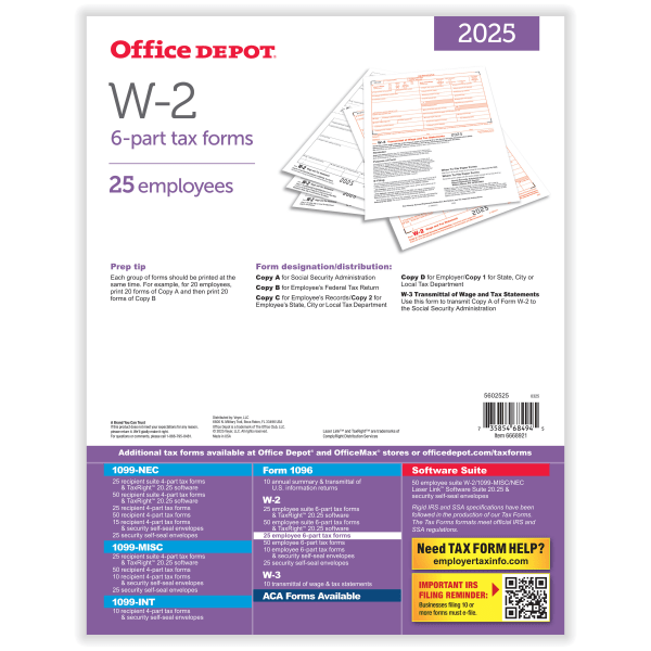 slide 3 of 3, Office Depot® W-2 Laser Tax Forms, 6-Part, 2-Up, 8-1/2"" x 11"", Pack Of 25 Form Sets, 5602525, 1 ct