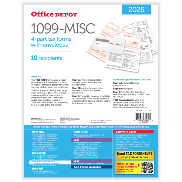 slide 3 of 4, Office Depot® Brand 1099-MISC Laser Tax Forms And Envelopes, 4-Part, 2-Up, 8-1/2"" x 11"", Pack Of 10 Form Sets, 1 ct