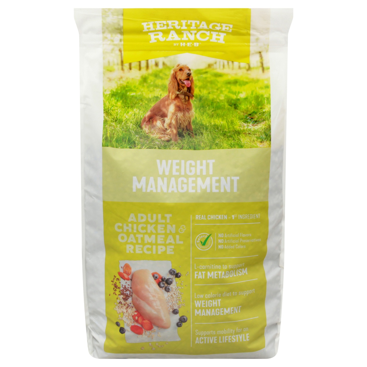 slide 1 of 1, Heritage Ranch by H-E-B Weight Management Chicken & Oatmeal Recipe Dry Dog Food, 15 lb