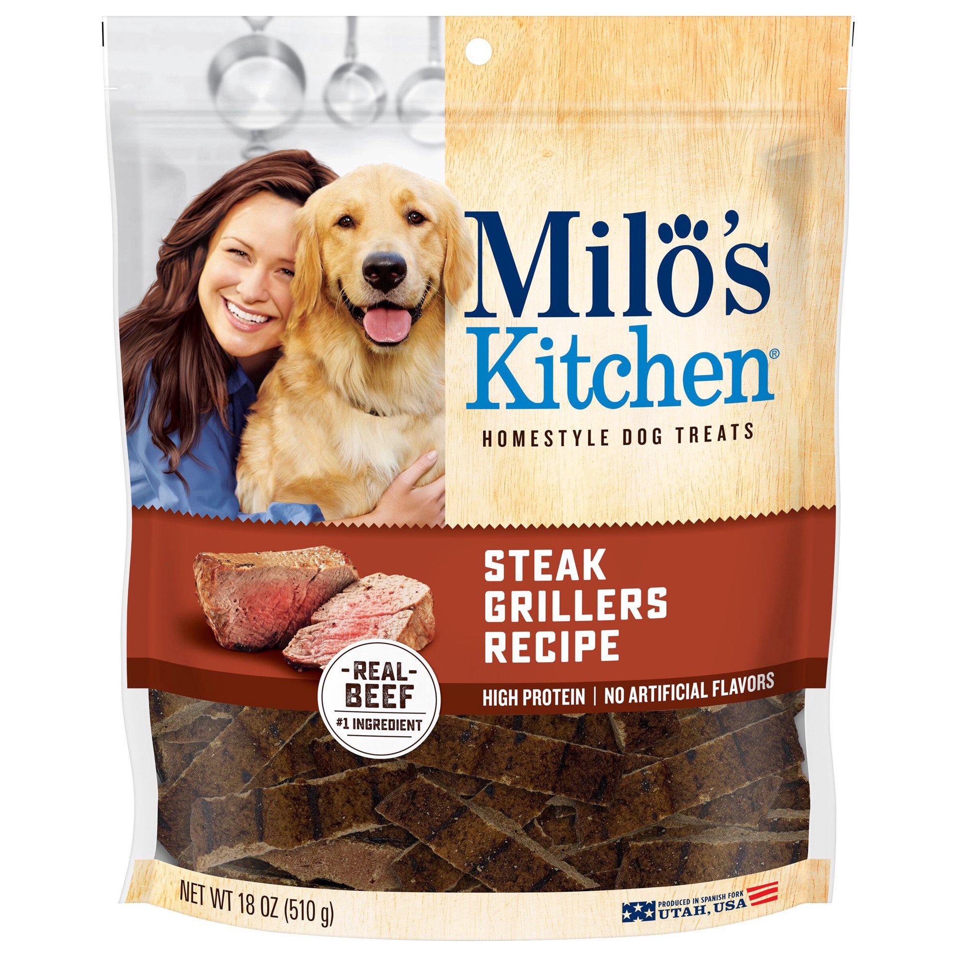 slide 1 of 6, Milo's Kitchen Steak Grillers Beef Recipe with Angus Steak Chewy Dog Treats - 18oz, 