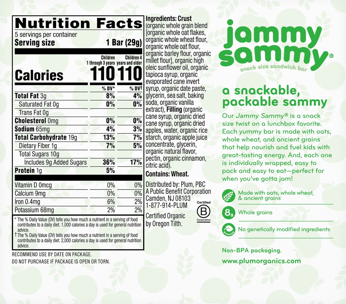 slide 9 of 12, Plum Organics Jammy Sammy Apple Cinnamon & Oatmeal 1.02oz Bars/5-Count Box, 5 ct