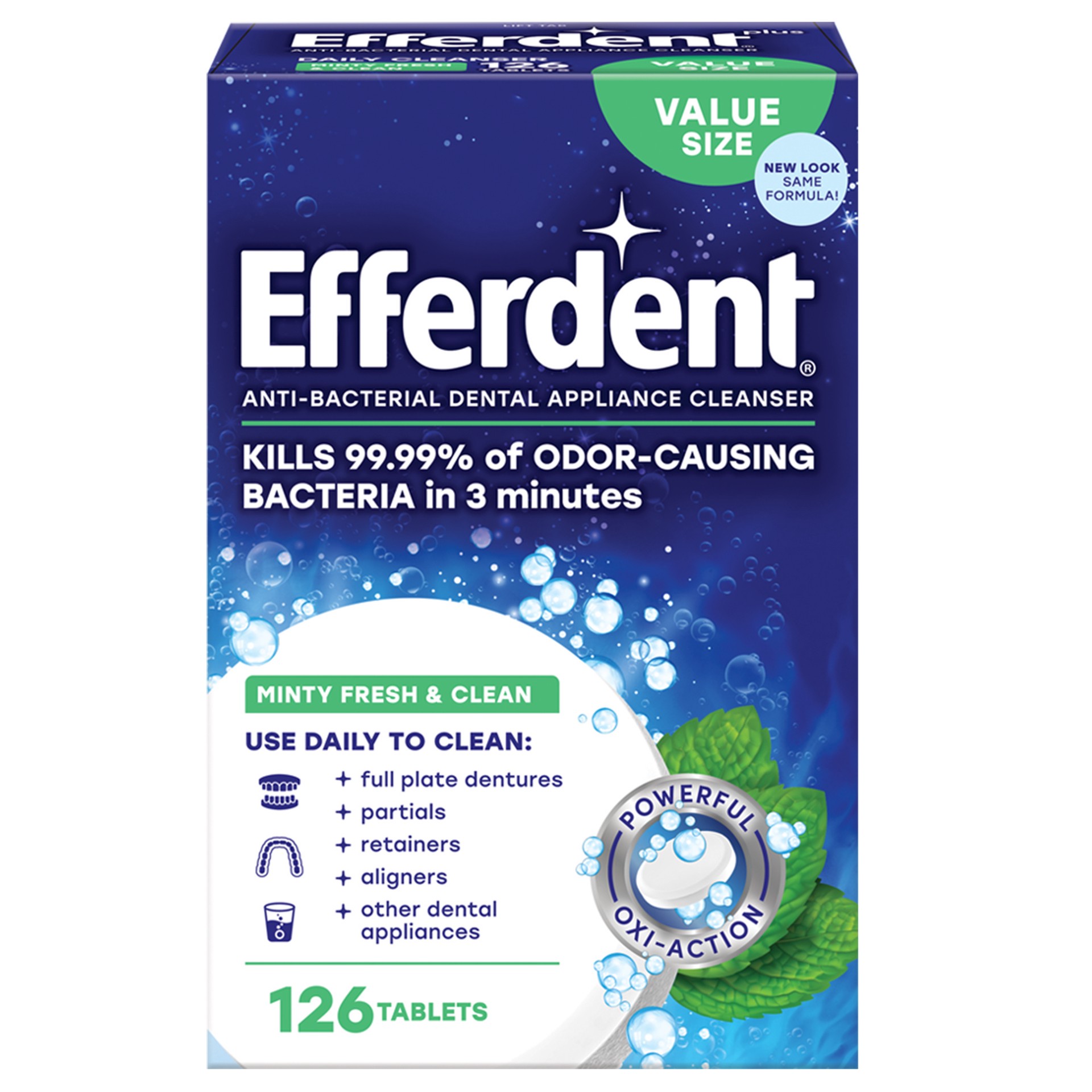 slide 1 of 8, Efferdent Retainer & Denture Cleaner Tablets, Minty Fresh & Clean, 126 Count, 126 pk