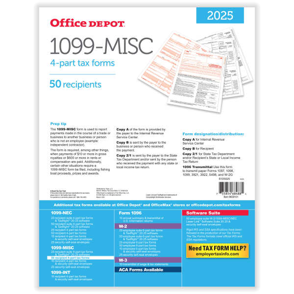 slide 2 of 3, Office Depot® 1099-MISC Laser Tax Forms, 4-Part, 2-Up, 8-1/2"" x 11"", Pack Of 50 Form Sets, 1 ct
