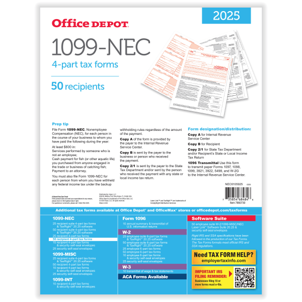 slide 2 of 3, Office Depot® 1099-NEC Laser Tax Forms, 4-Part, 3-Up, 8-1/2"" x 11"", Pack Of 50 Form Sets, 1 ct