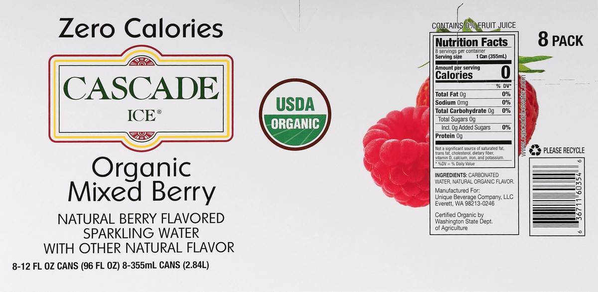 slide 6 of 9, Cascade Ice 8 Pack Organic Mixed Berry Sparkling Water 8 ea - 8 ct, 8 ct