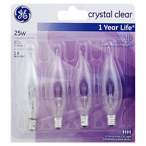 slide 1 of 1, Ge Light Bulbs Crystal Clear Ca Type Candelabra Base 25 Watts, 4 ct