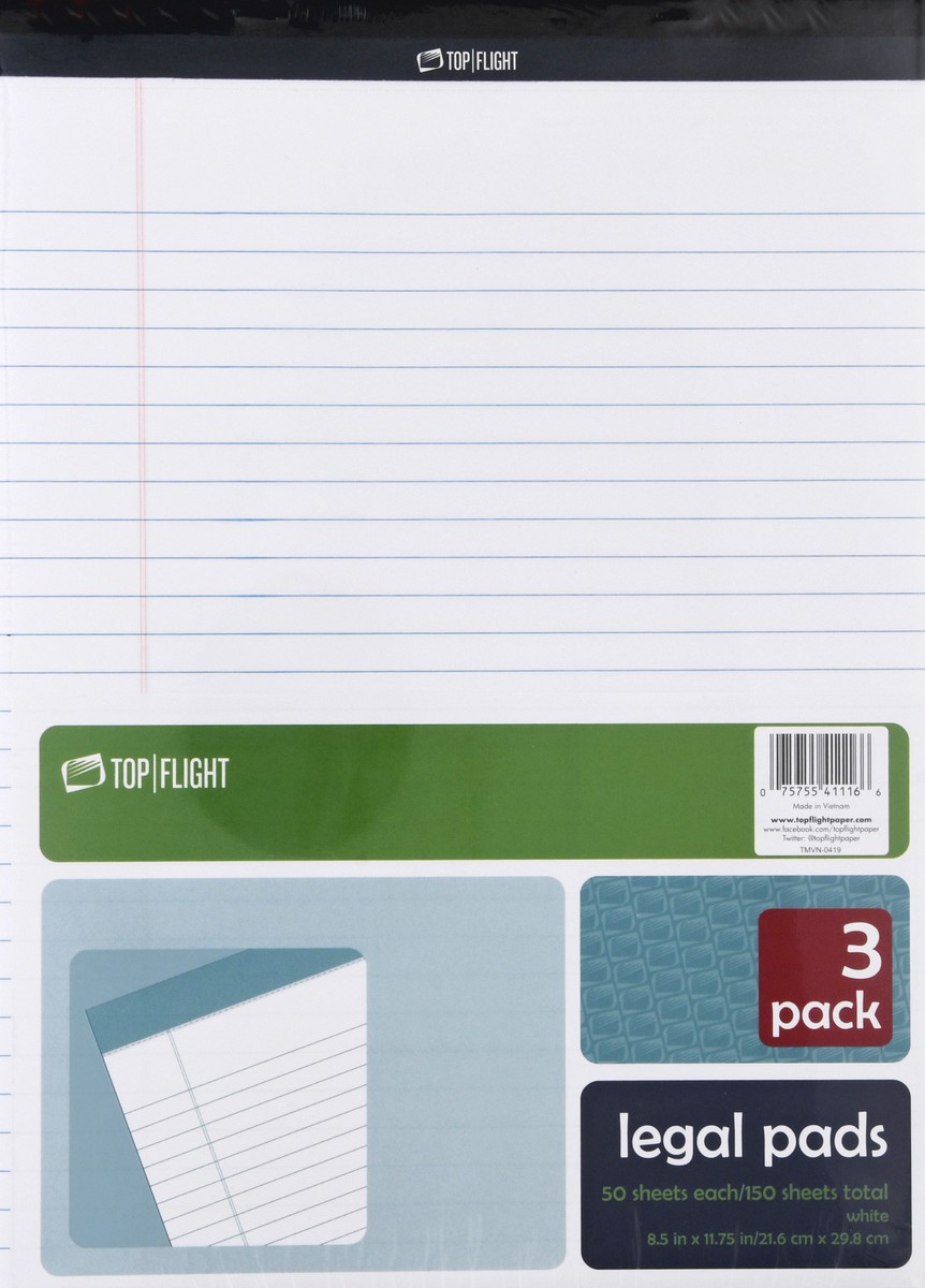 slide 1 of 11, Top Flight 3 Pack White Legal Pads 3 ea, 3 ct