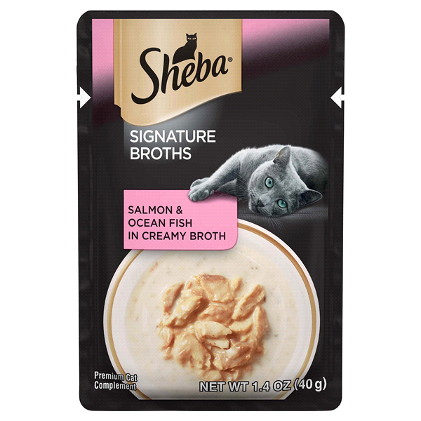 slide 1 of 1, Sheba Signature Broths Salmon & Ocean Fish in Creamy Broth Pouch Wet Meal Complement for Cat Food, 1.4 oz