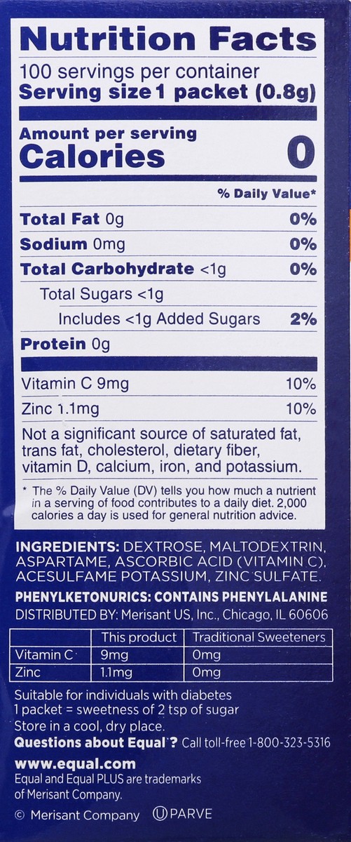 slide 3 of 9, Equal Plus Zero Calorie Sweetener 100 ea, 100 ct