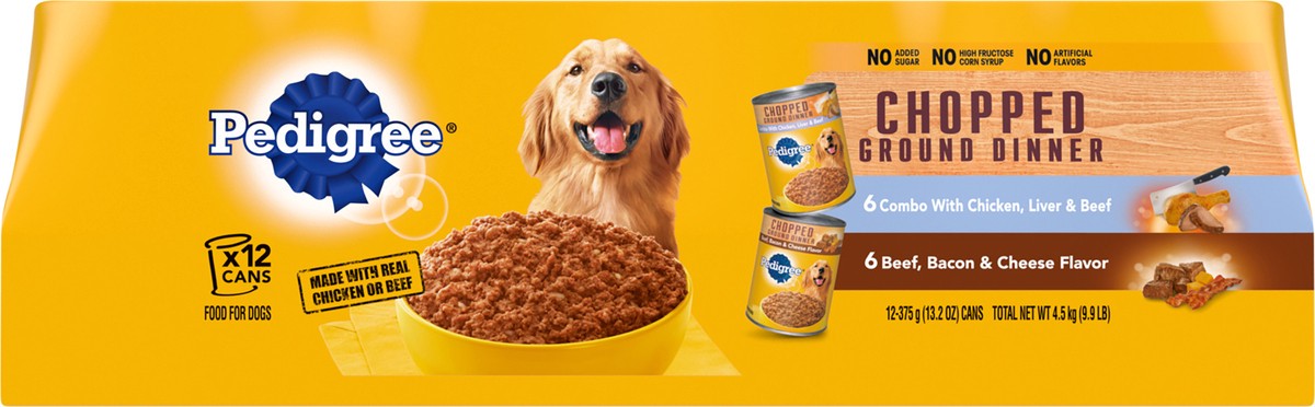 slide 6 of 9, Pedigree Chopped Ground Dinner Chicken, Liver & Beef/Beef, Bacon & Cheese Food for Dogs 12 - 13.2 oz Cans, 12 ct