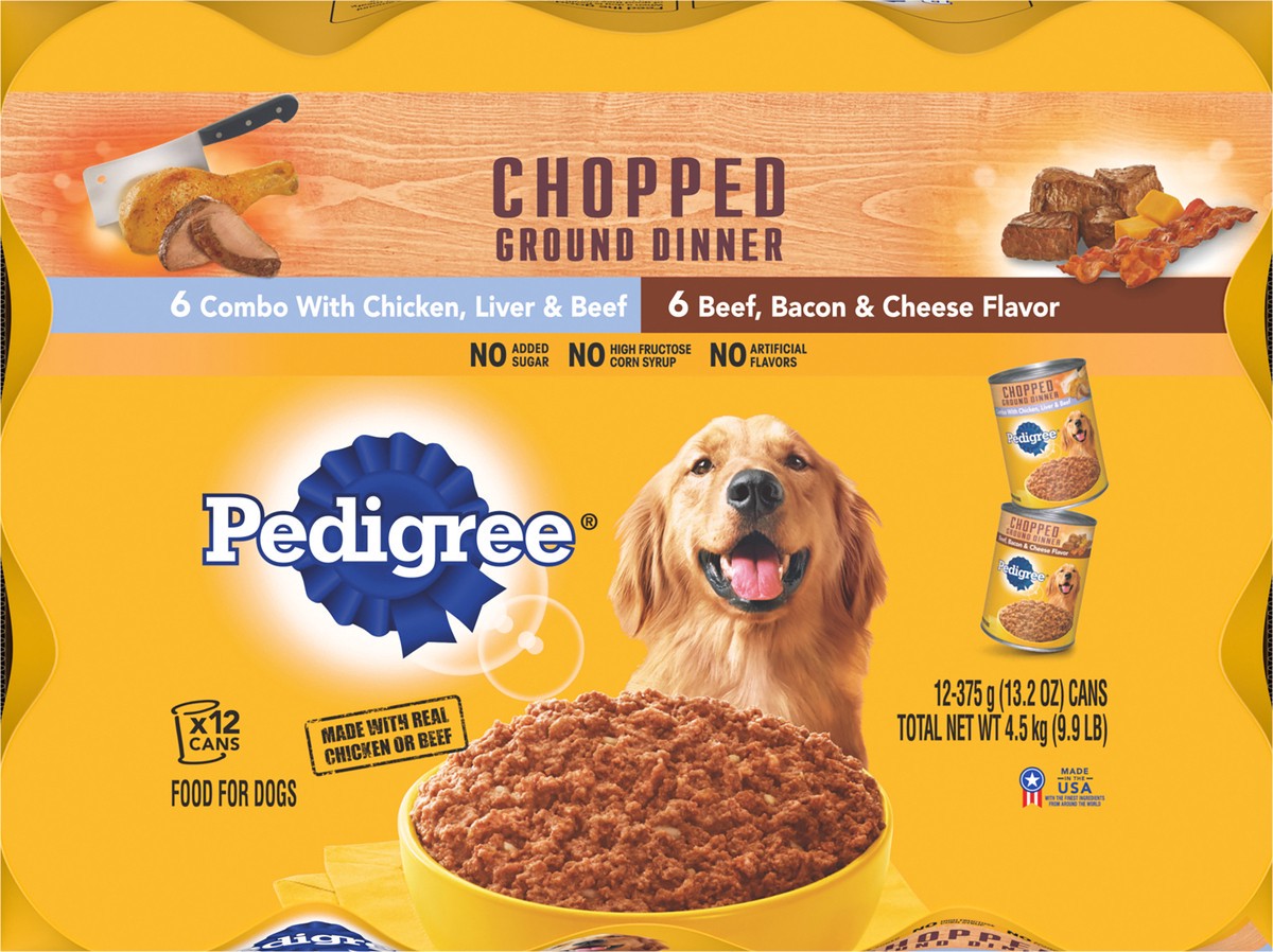 slide 2 of 9, Pedigree Chopped Ground Dinner Chicken, Liver & Beef/Beef, Bacon & Cheese Food for Dogs 12 - 13.2 oz Cans, 12 ct