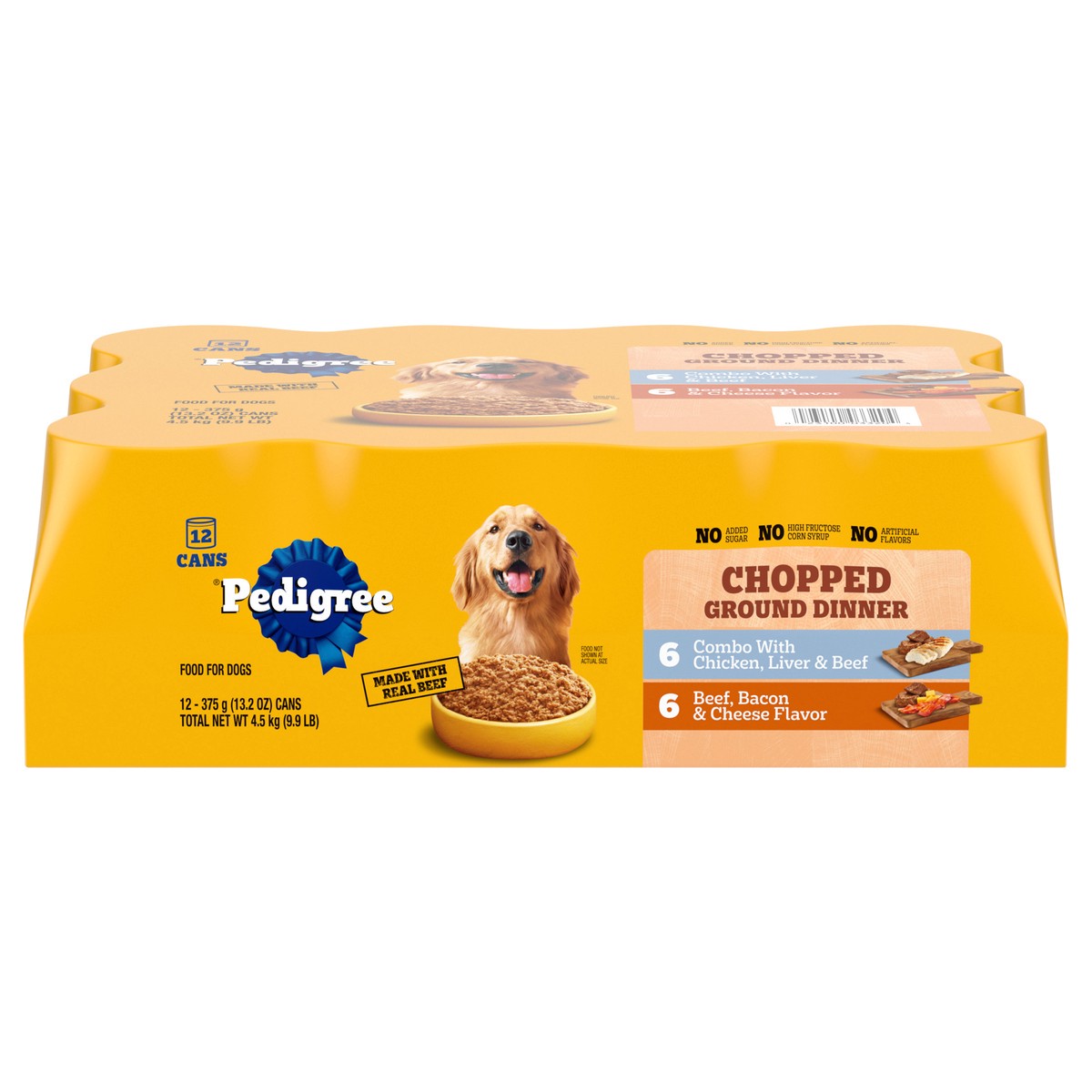 slide 1 of 9, Pedigree Chopped Ground Dinner Chicken, Liver & Beef/Beef, Bacon & Cheese Food for Dogs 12 - 13.2 oz Cans, 12 ct