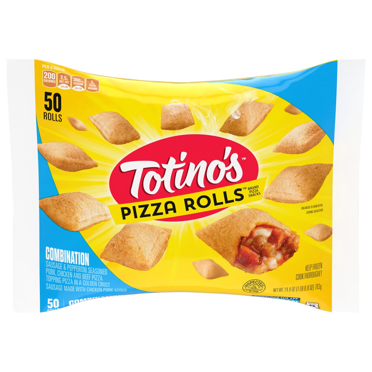 slide 1 of 9, Totino's Pizza Rolls, Combination Flavored, Frozen Snacks, 50 Rolls, 24.8 oz, 50 ct