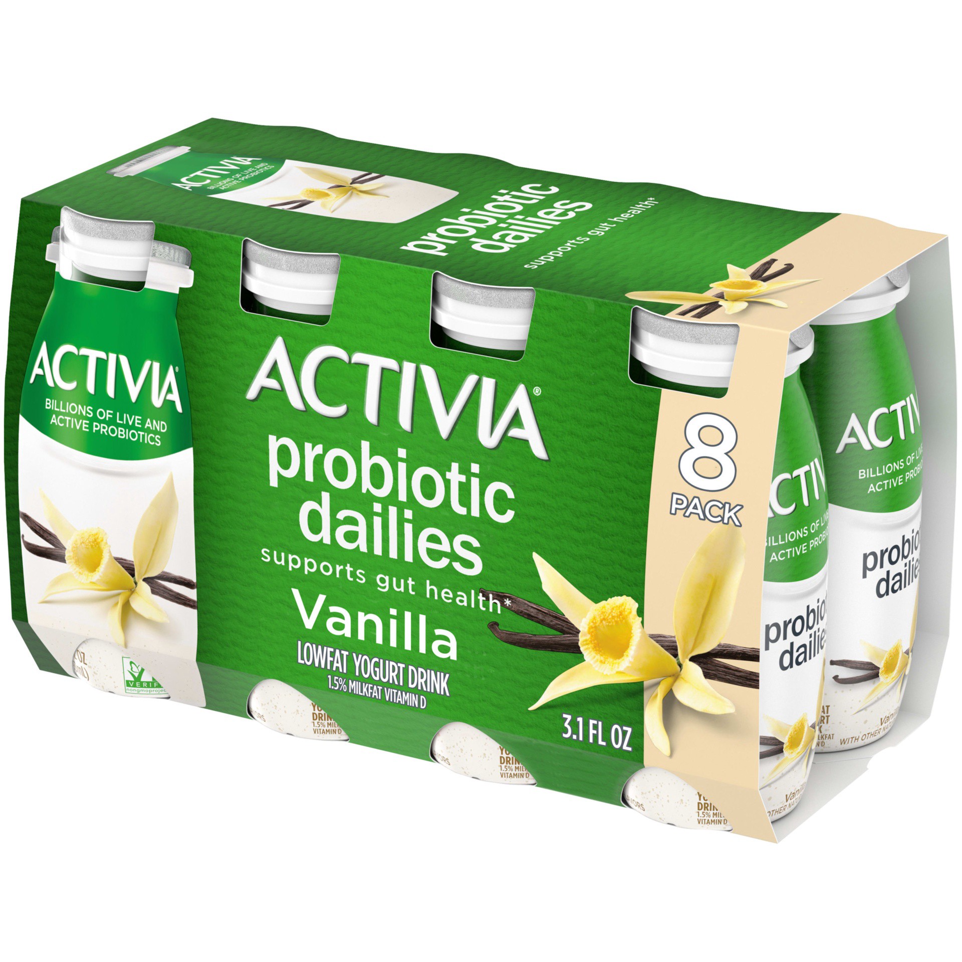 slide 1 of 3, Activia Probiotic Dailies Vanilla Lowfat Yogurt Drinks, Delicious Daily Probiotic Yogurt Smoothie Drinks to Help Support Gut Health, 8 Ct, 3.1 FL OZ, 