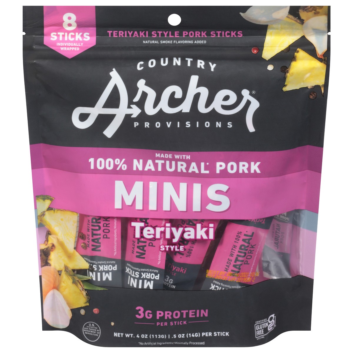 slide 1 of 14, Country Archer Minis Pineapple Natural Pork Sticks 8 Count, 4 oz