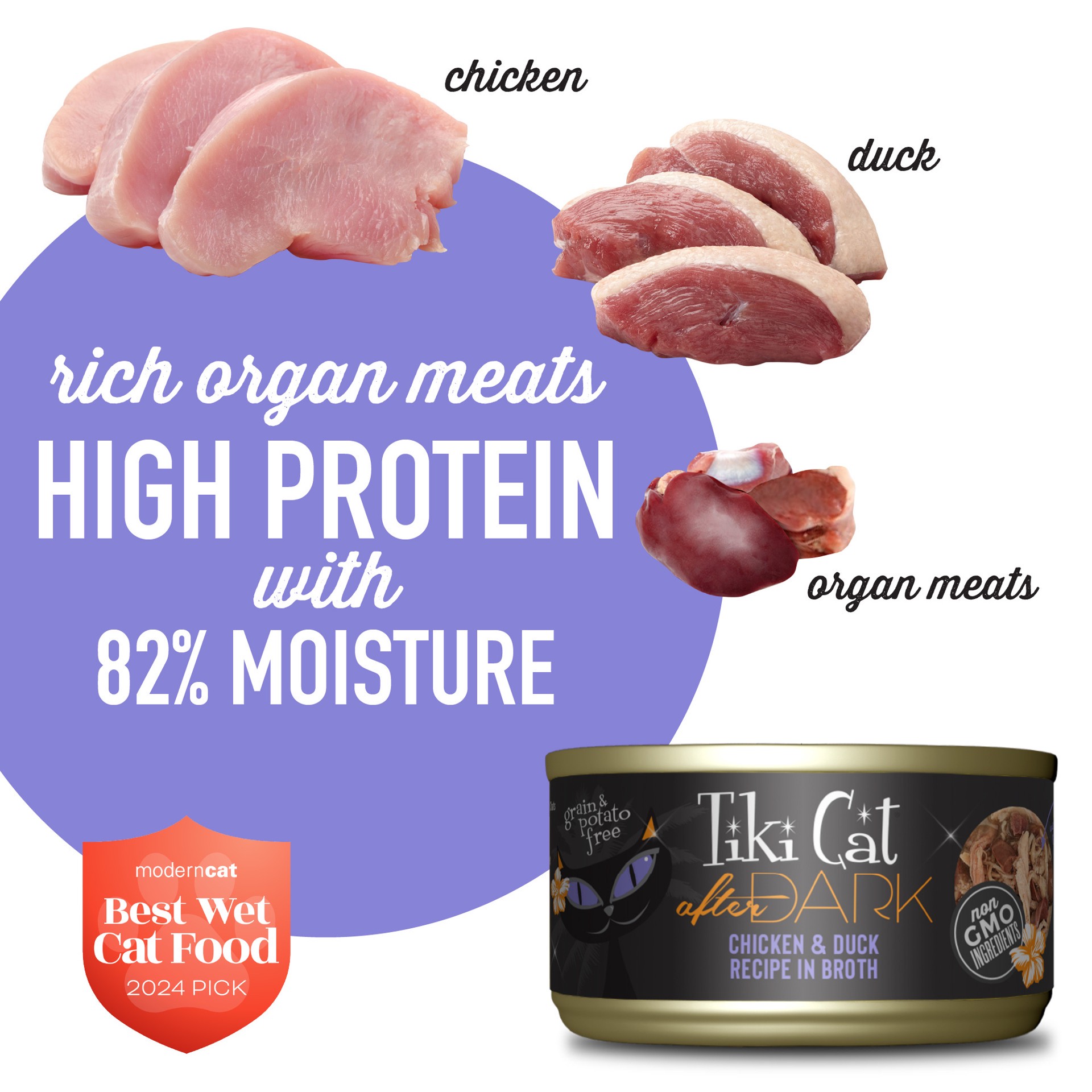 slide 4 of 8, Tiki Cat After Dark Whole Foods Wet Cat Food, Chicken & Duck, 2.8 oz. Can (12 Count), 2.8 oz