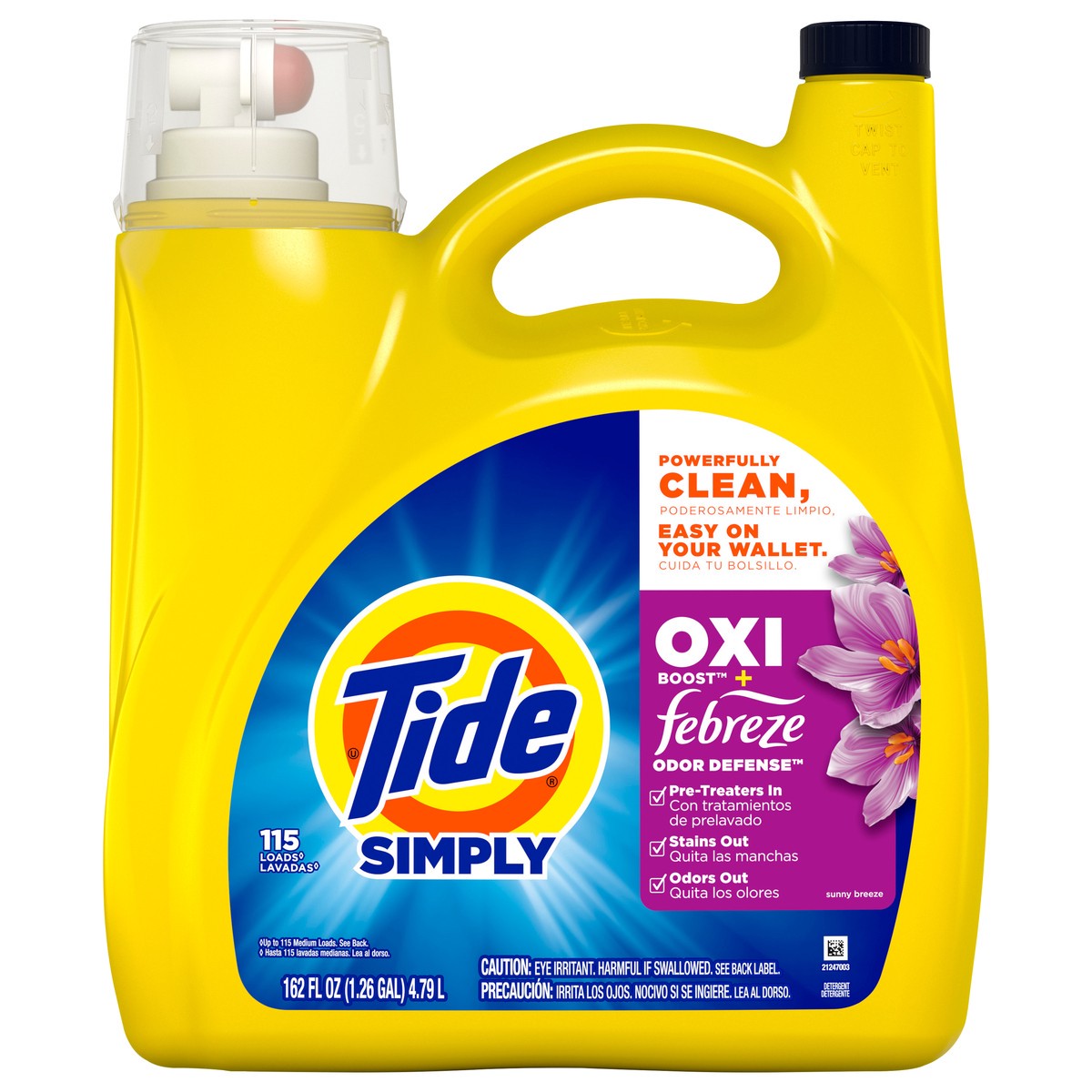 slide 2 of 2, Tide Simply Oxi Boost + Febreze Odor Defense, 162 fl oz, 115 Loads, Tough on Stains and Odors, Febreze Sunny Breeze Scent, 162 fl oz