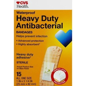 slide 1 of 1, Cvs Health Heavy Duty Waterproof Anti-Bacterial Bandages, One Size, 15 Ct, 1 ct