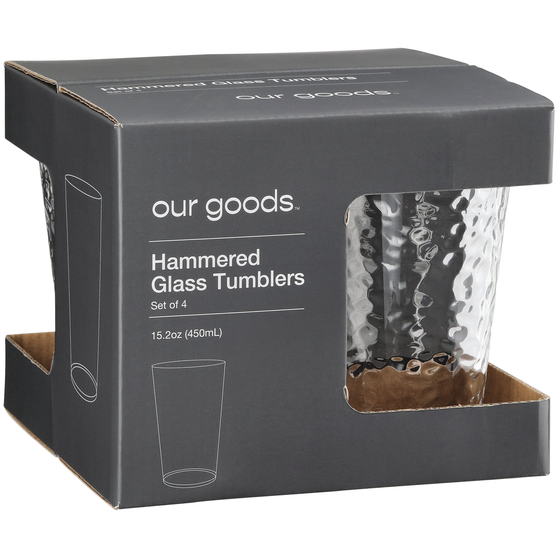 slide 1 of 1, our goods Hammered Glass Tumblers, 15.2 oz, 4 ct