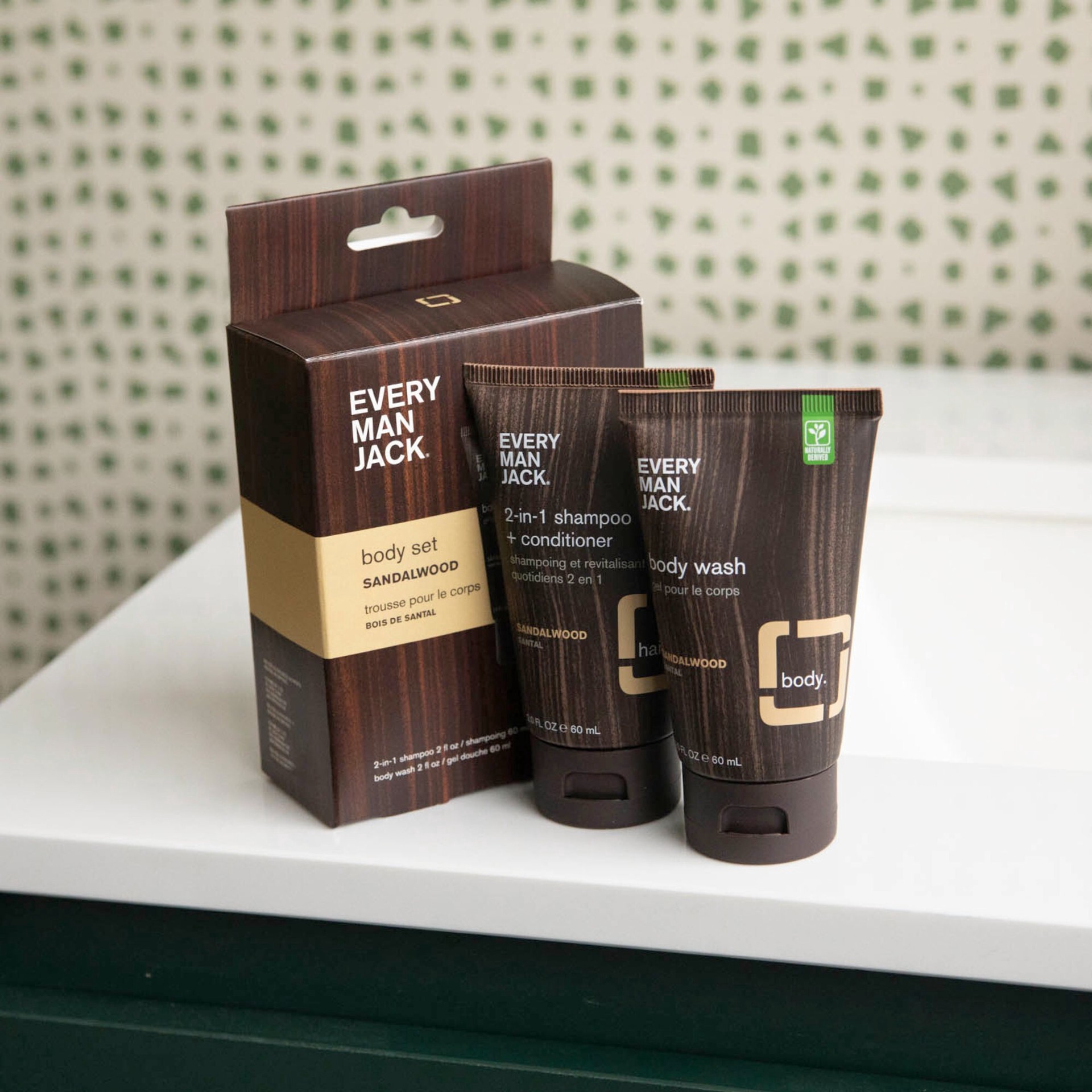 slide 3 of 6, Every Man Jack Men's Sandalwood Body Trial & Travel Pouch Set - Body Wash, 2-in-1 Shampoo + Conditioner - 2ct, 2 ct