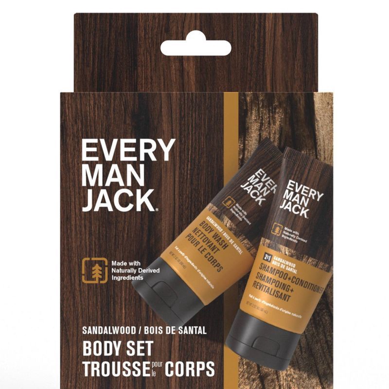 slide 1 of 6, Every Man Jack Men's Sandalwood Body Trial & Travel Pouch Set - Body Wash, 2-in-1 Shampoo + Conditioner - 2ct, 2 ct