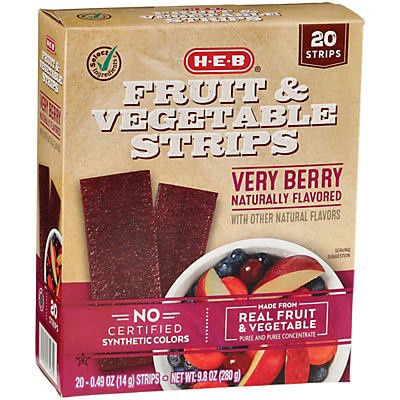 slide 1 of 1, H-E-B Fruit & Vegetable Strips Fruit Snacks - Very Berry, 20 ct