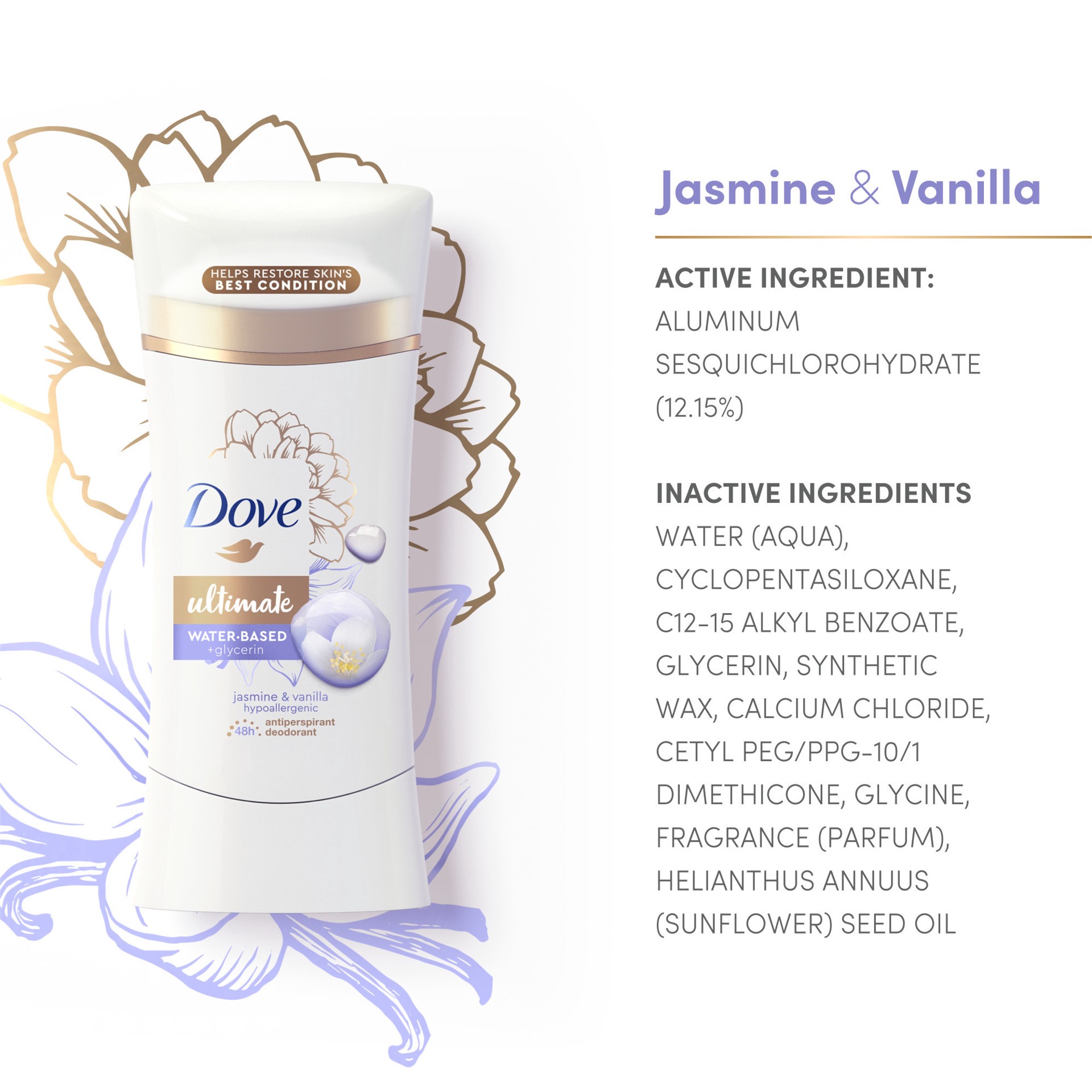 slide 4 of 4, Dove Ultimate Antiperspirant Deodorant Stick Jasmine & Vanilla, 2.6 oz