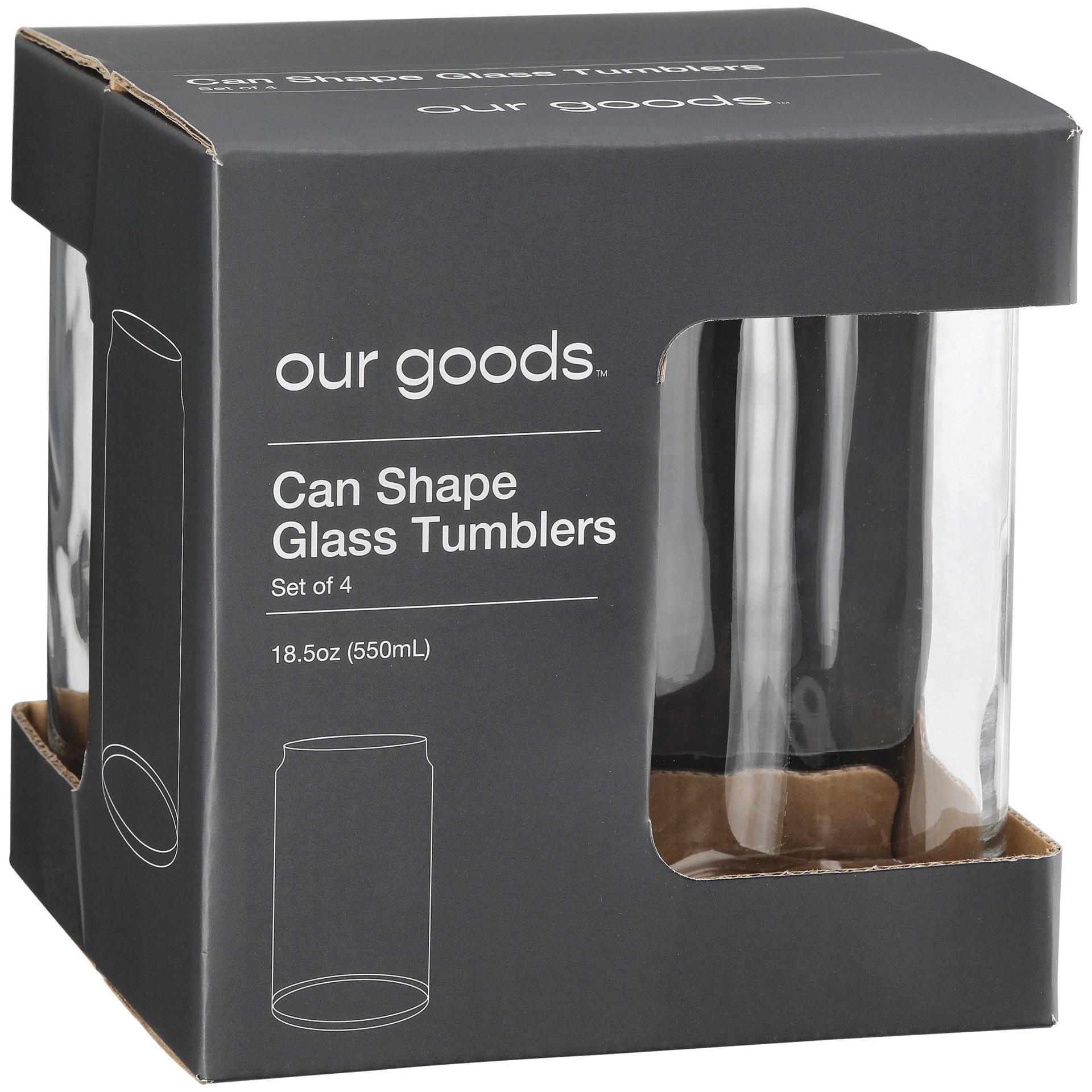 slide 1 of 1, our goods Can Shape Glass Tumblers, 18.5 oz, 4 ct