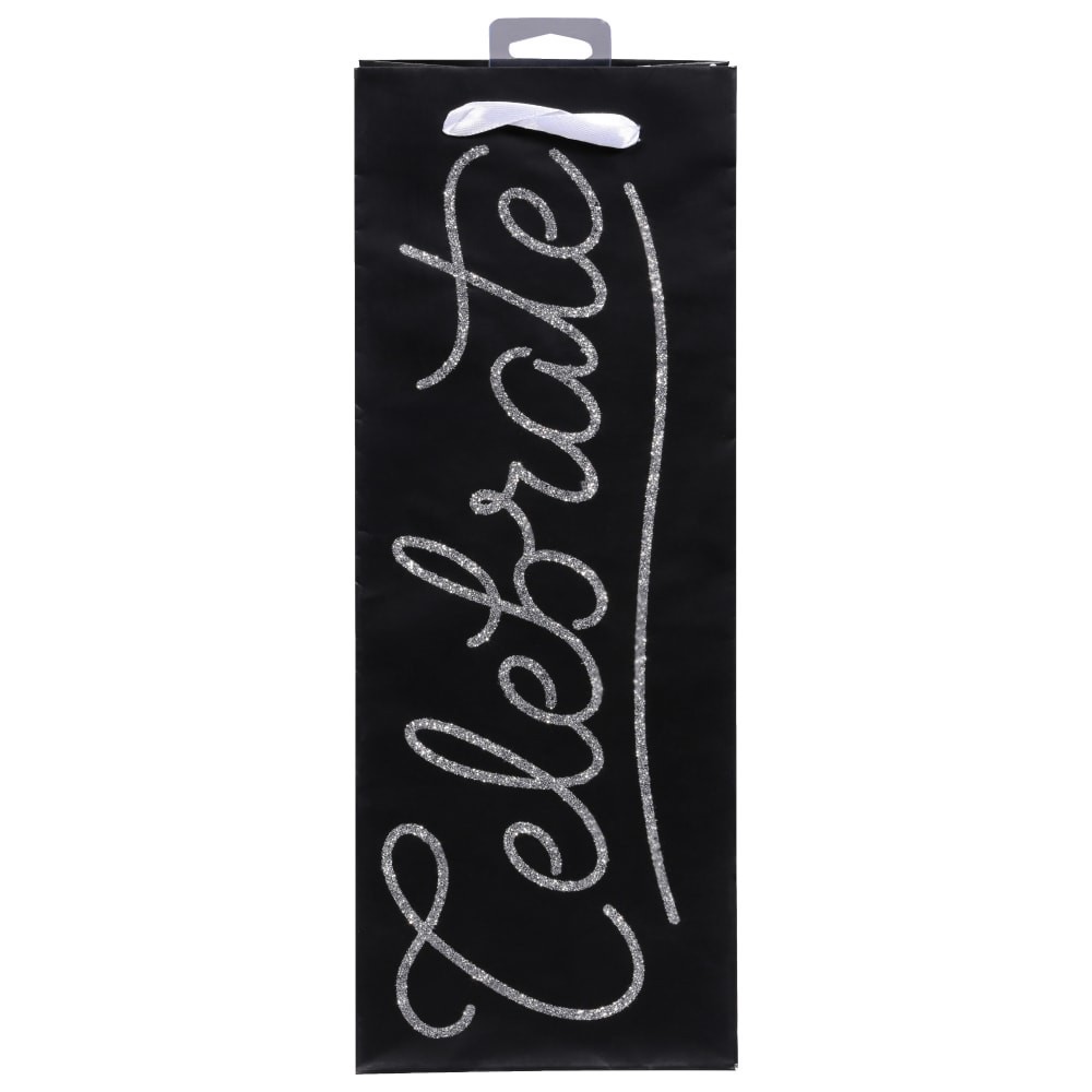 slide 2 of 2, American Greetings When you''re gifting a bottle of something happy, choose this “Celebrate” beverage bag! This beverage bag features the word “Celebrate” embellished in chrome silver glitter on a dramatic black background. Top off your beverage gift with coordinating tissue paper (sold separately) to make your presentation extra celebratory! Bag can hold a wine or liquor bottle., 1 ct