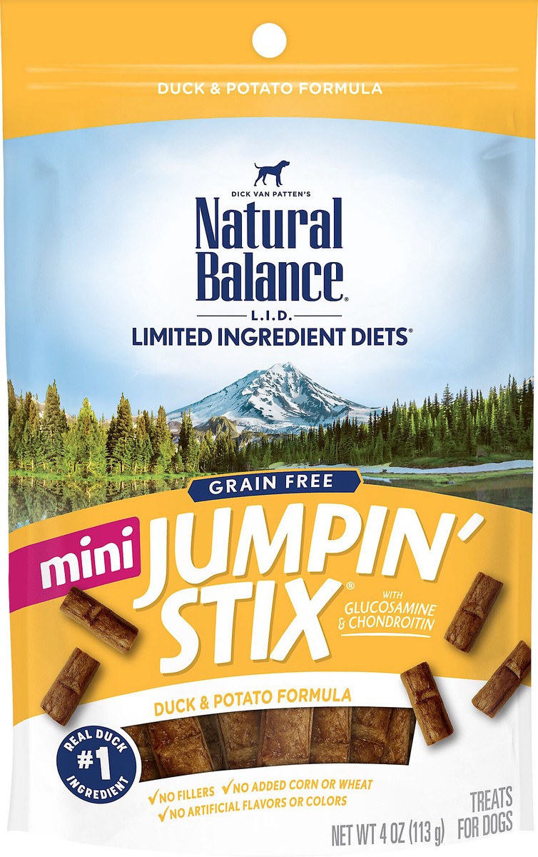 slide 4 of 8, Natural Balance L.I.D. Limited Ingredient Diets MIni Jumpin' Stix Grain Free Duck & Potato Formula Treats for Dogs 4 oz, 4 oz