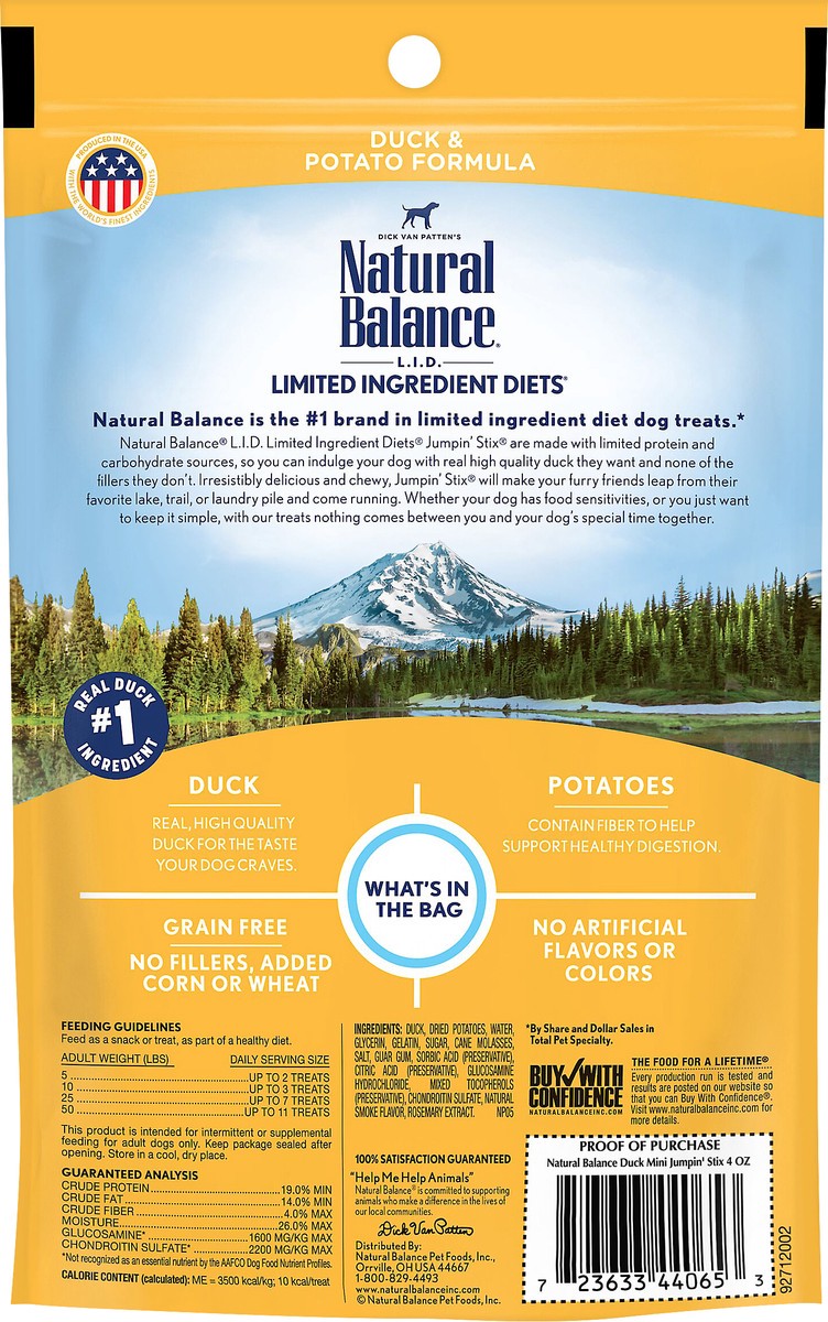 slide 3 of 8, Natural Balance L.I.D. Limited Ingredient Diets MIni Jumpin' Stix Grain Free Duck & Potato Formula Treats for Dogs 4 oz, 4 oz