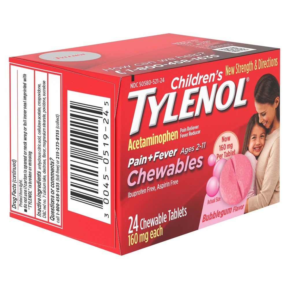 slide 4 of 4, Children's Tylenol Chewables with 160 mg Acetaminophen, Pain Reliever & Fever Reducer for Kids' Cold + Flu Symptoms, Headache, Sore Throat & Toothache, Aspirin-Free, Bubble Gum, 24 ct
