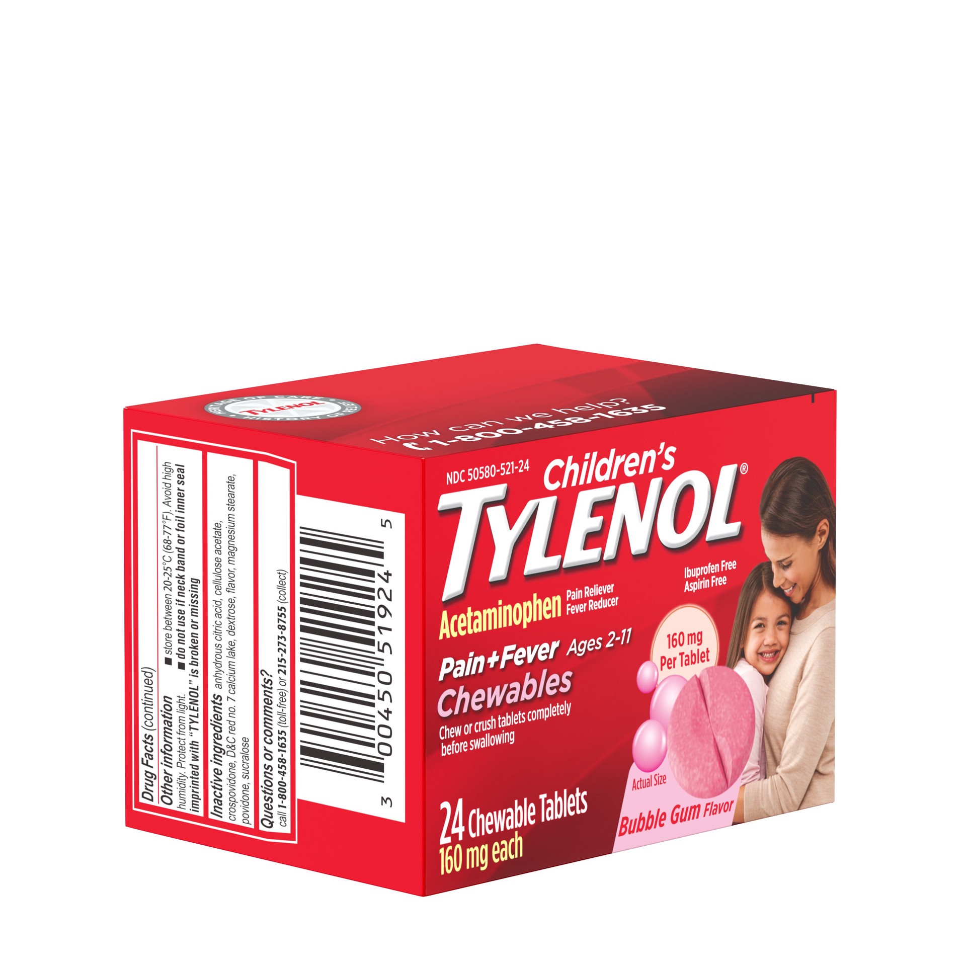 slide 5 of 10, Children's Tylenol Pain + Fever Relief Chewables - Acetaminophen - Bubble Gum - 24ct, 24 ct