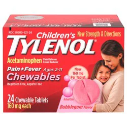 Children's Tylenol Chewables with 160 mg Acetaminophen, Pain Reliever & Fever Reducer for Kids' Cold + Flu Symptoms, Headache, Sore Throat & Toothache, Aspirin-Free, Bubble Gum, 24 ct