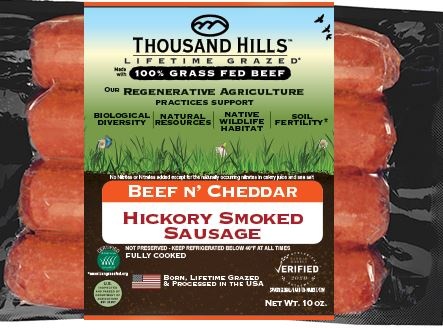 slide 1 of 1, Thousand Hills Cattle Company Beef & Cheddar Sausage, 10 oz