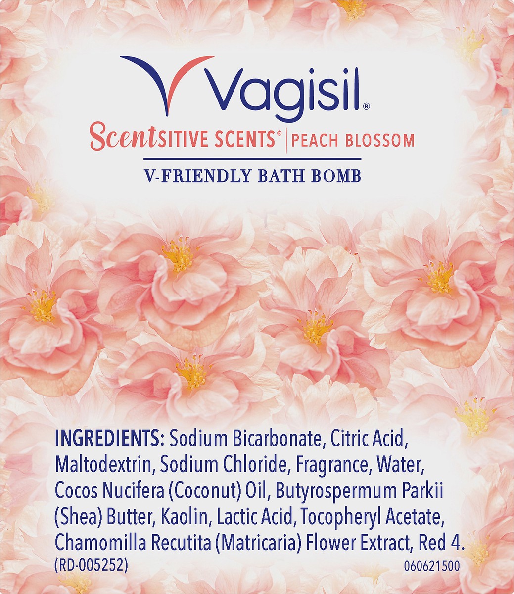 slide 4 of 7, Vagisil Scentsitive Scents V-Friendly Bath Bomb, pH-Friendly for Sensitive Vaginal Skin, Peach Blossom, 4 oz