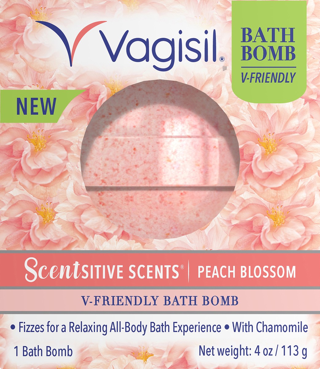 slide 6 of 7, Vagisil Scentsitive Scents V-Friendly Bath Bomb, pH-Friendly for Sensitive Vaginal Skin, Peach Blossom, 4 oz