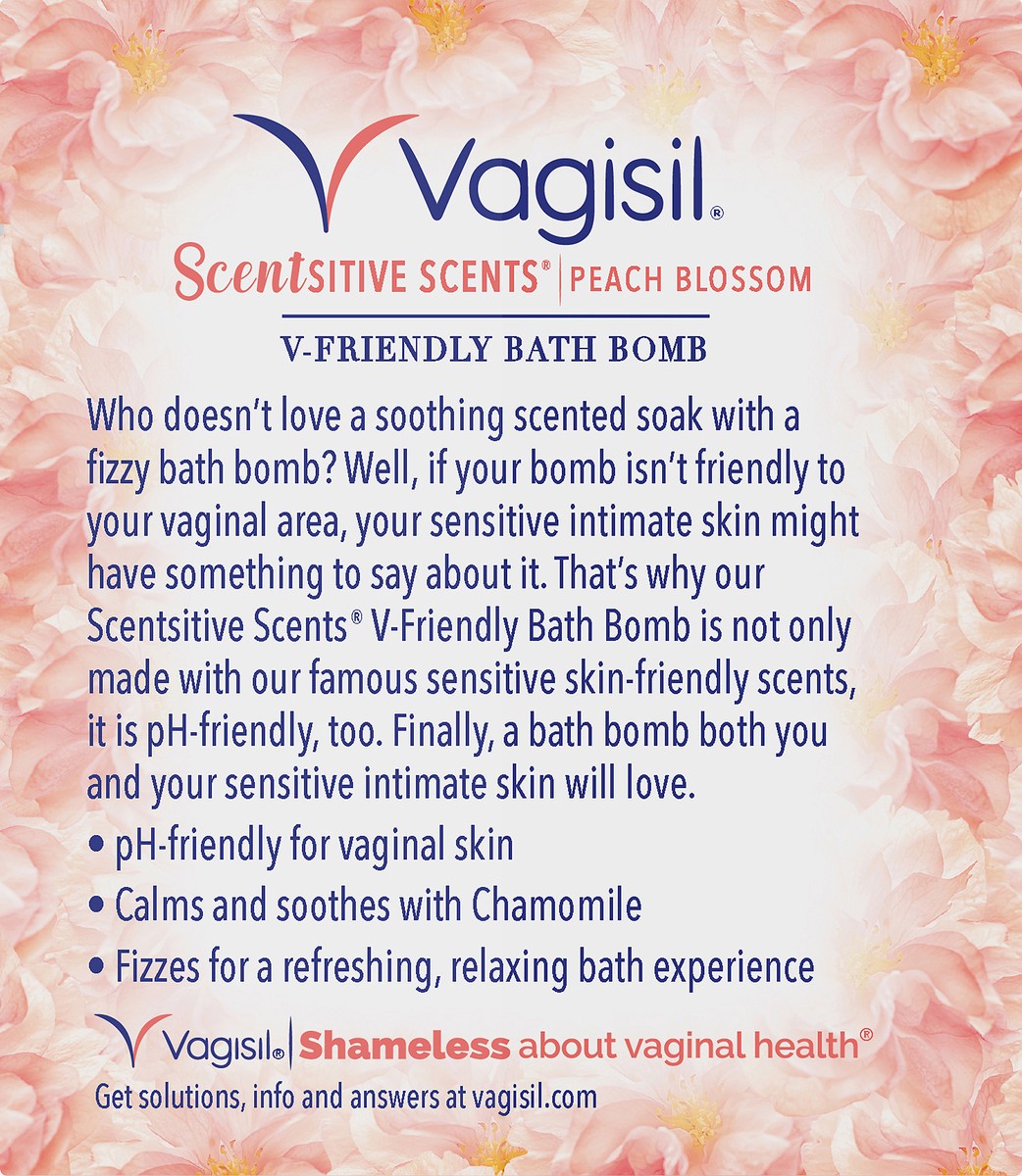 slide 7 of 7, Vagisil Scentsitive Scents V-Friendly Bath Bomb, pH-Friendly for Sensitive Vaginal Skin, Peach Blossom, 4 oz
