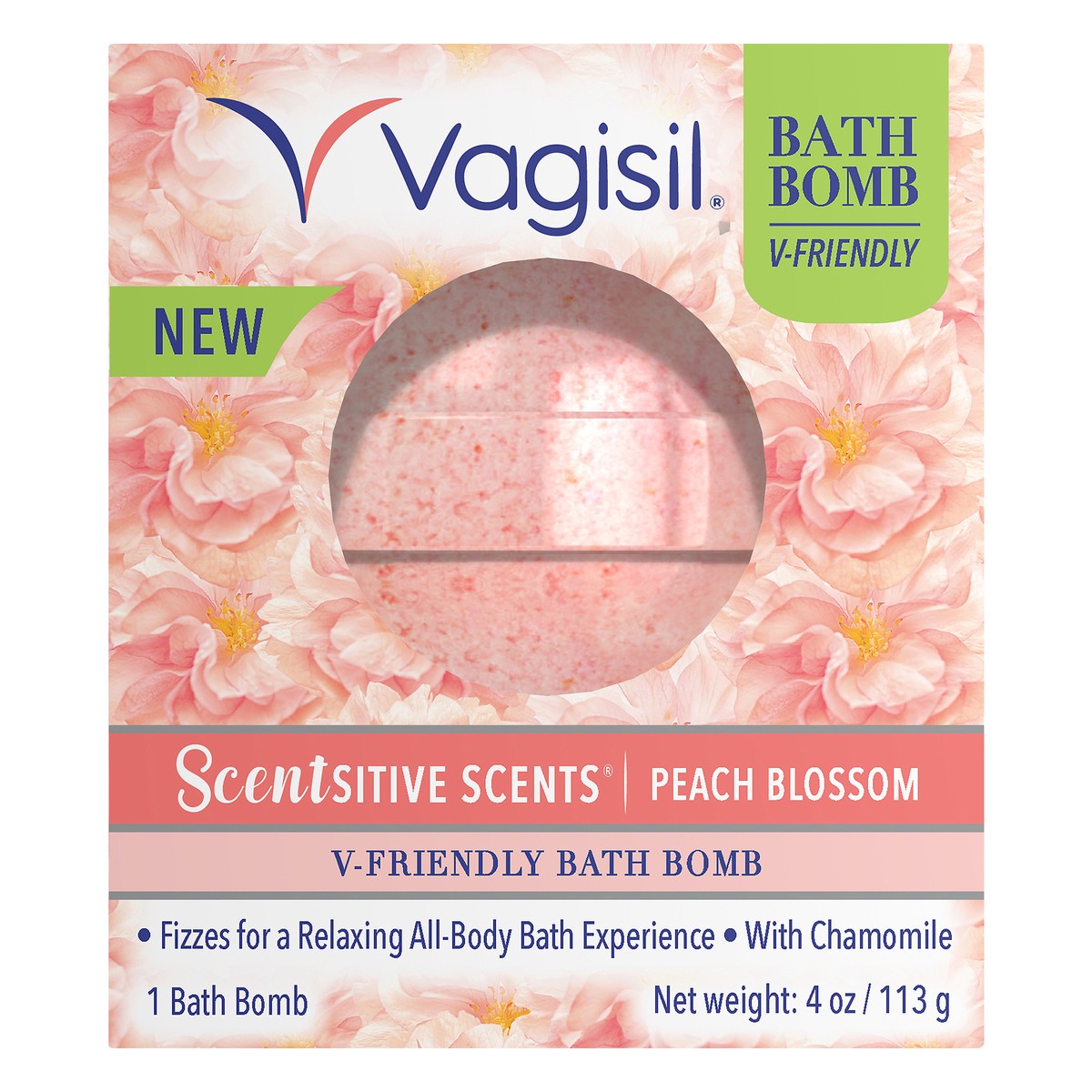 slide 1 of 7, Vagisil Scentsitive Scents V-Friendly Bath Bomb, pH-Friendly for Sensitive Vaginal Skin, Peach Blossom, 4 oz