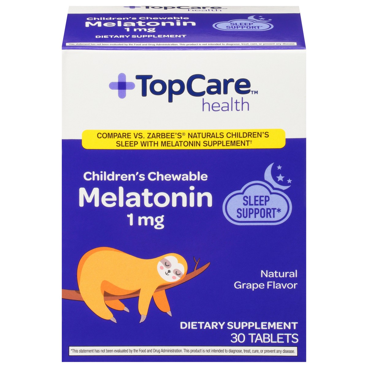 slide 1 of 9, TopCare Health Children's Chewable Tablets 1 mg Natural Grape Flavor Melatonin 30 ea, 30 ct