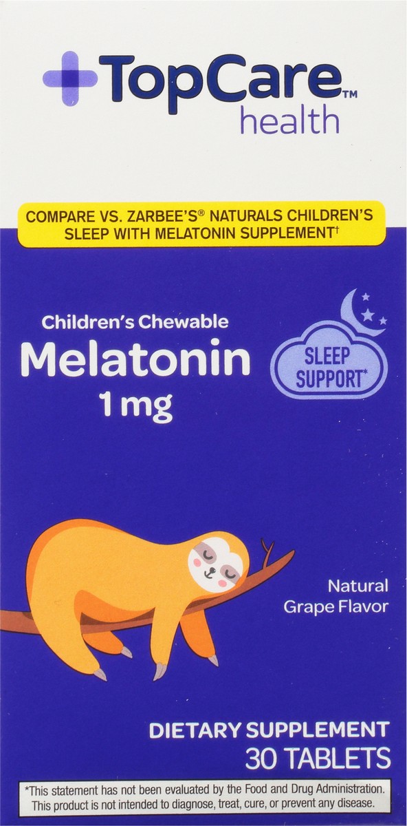 slide 3 of 9, TopCare Health Children's Chewable Tablets 1 mg Natural Grape Flavor Melatonin 30 ea, 30 ct