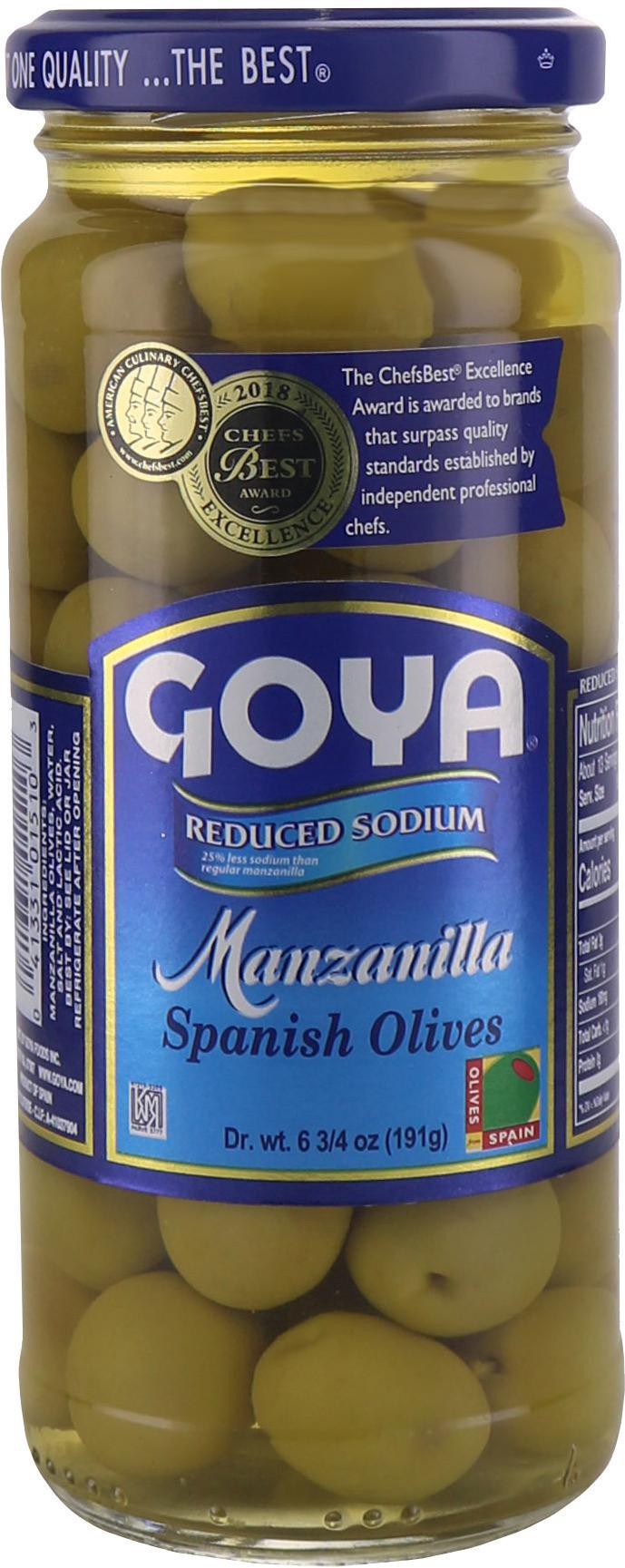 slide 1 of 1, Goya Reduced Sodium Manzanilla Olives, 6.75 oz