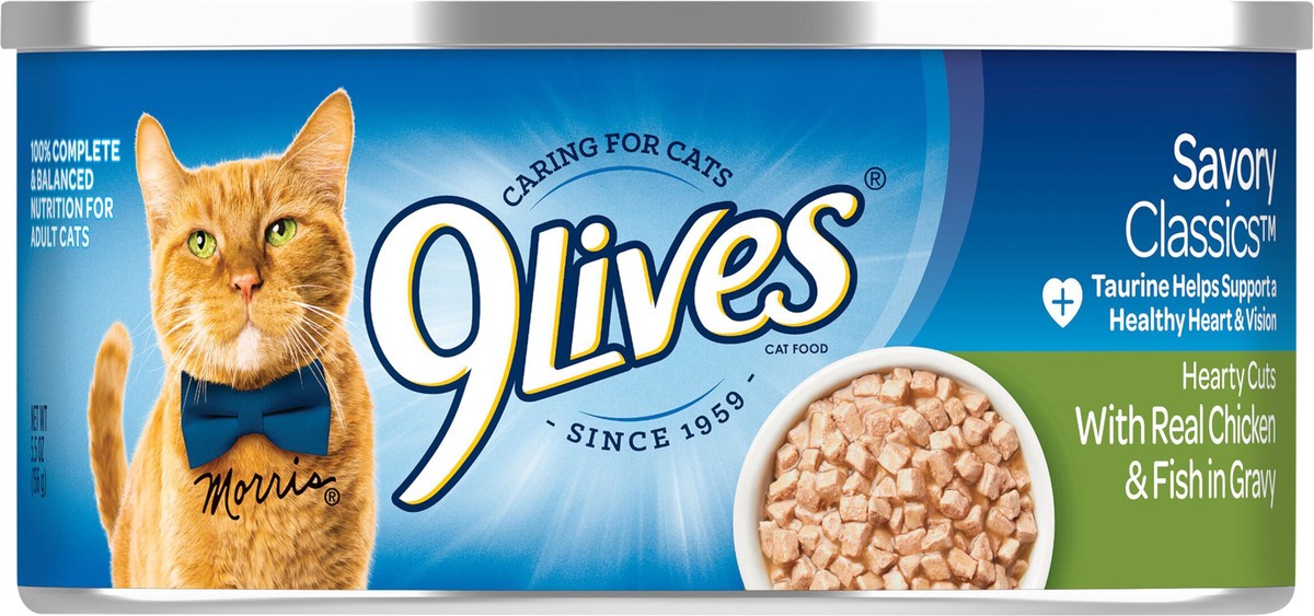 slide 5 of 13, 9Lives Hearty Cuts With Real Chicken & Fish In Gravy Wet Cat Food, 5.5-Ounce Can, 5.5 oz