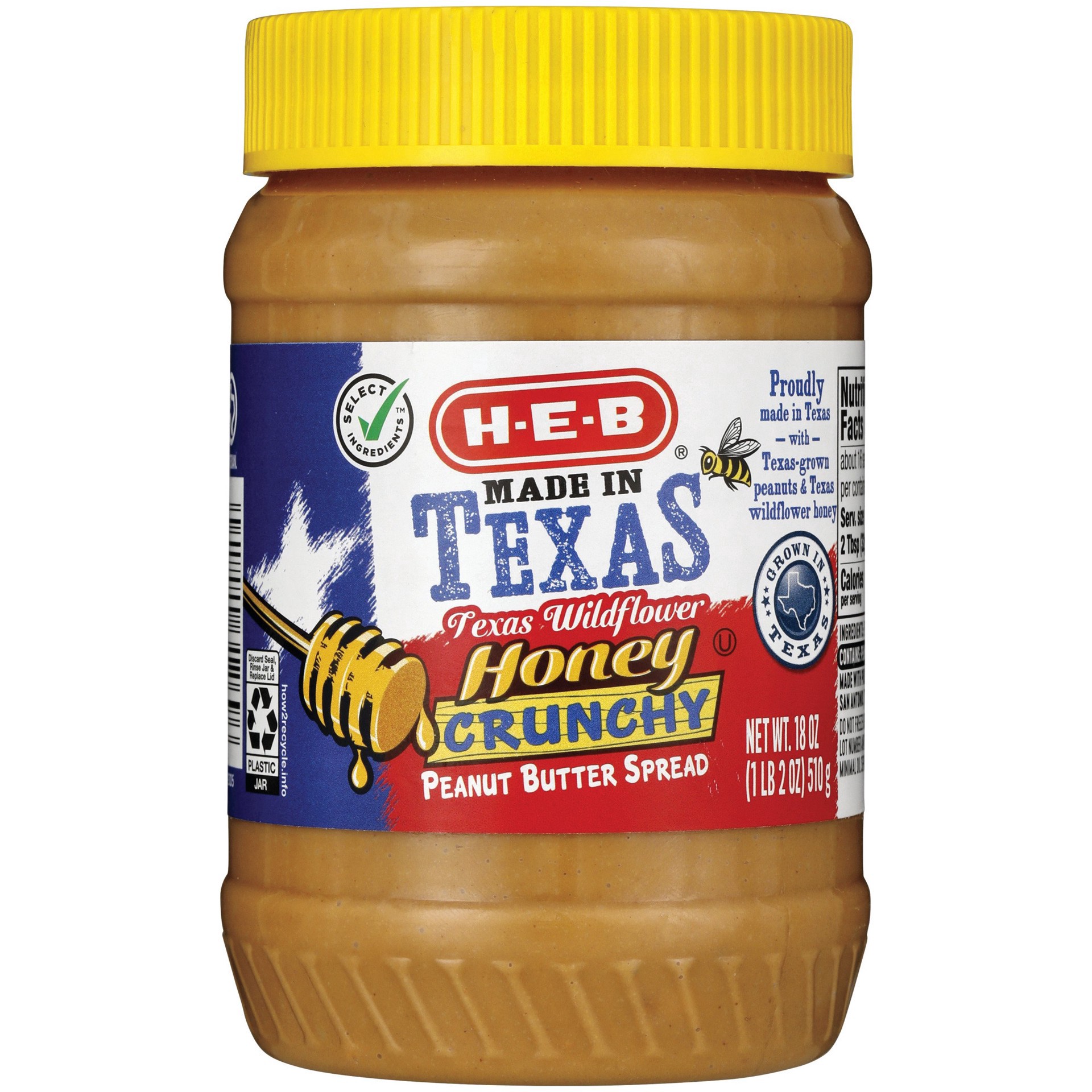 slide 1 of 1, H-E-B Made in Texas Crunchy Peanut Butter Spread with Honey, 18 oz